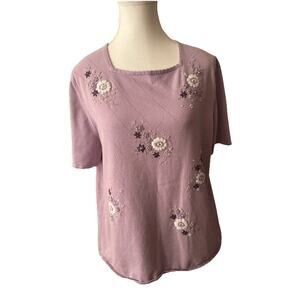 Alfred Dunner Lavender Floral Embroidered Top M Cottagecore Coquette Soft Granny